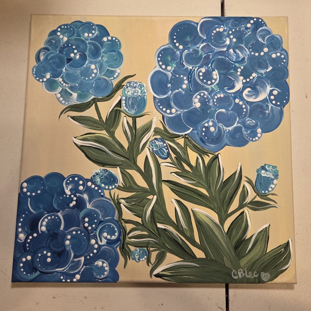 Floral Hand Painted Canvas Art with Blue Hy